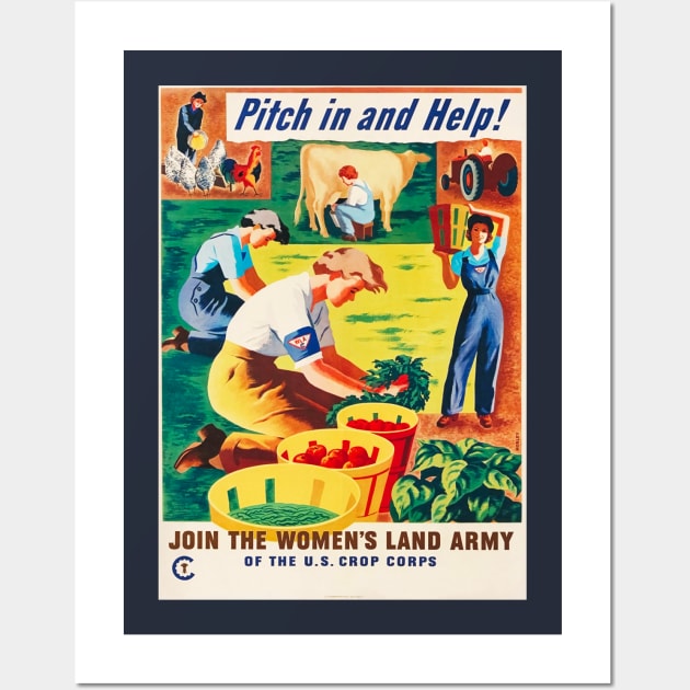 U.S. Crop Corps Women's Land Army Propaganda Poster to "Pitch In And Help!" Wall Art by vintageposterco